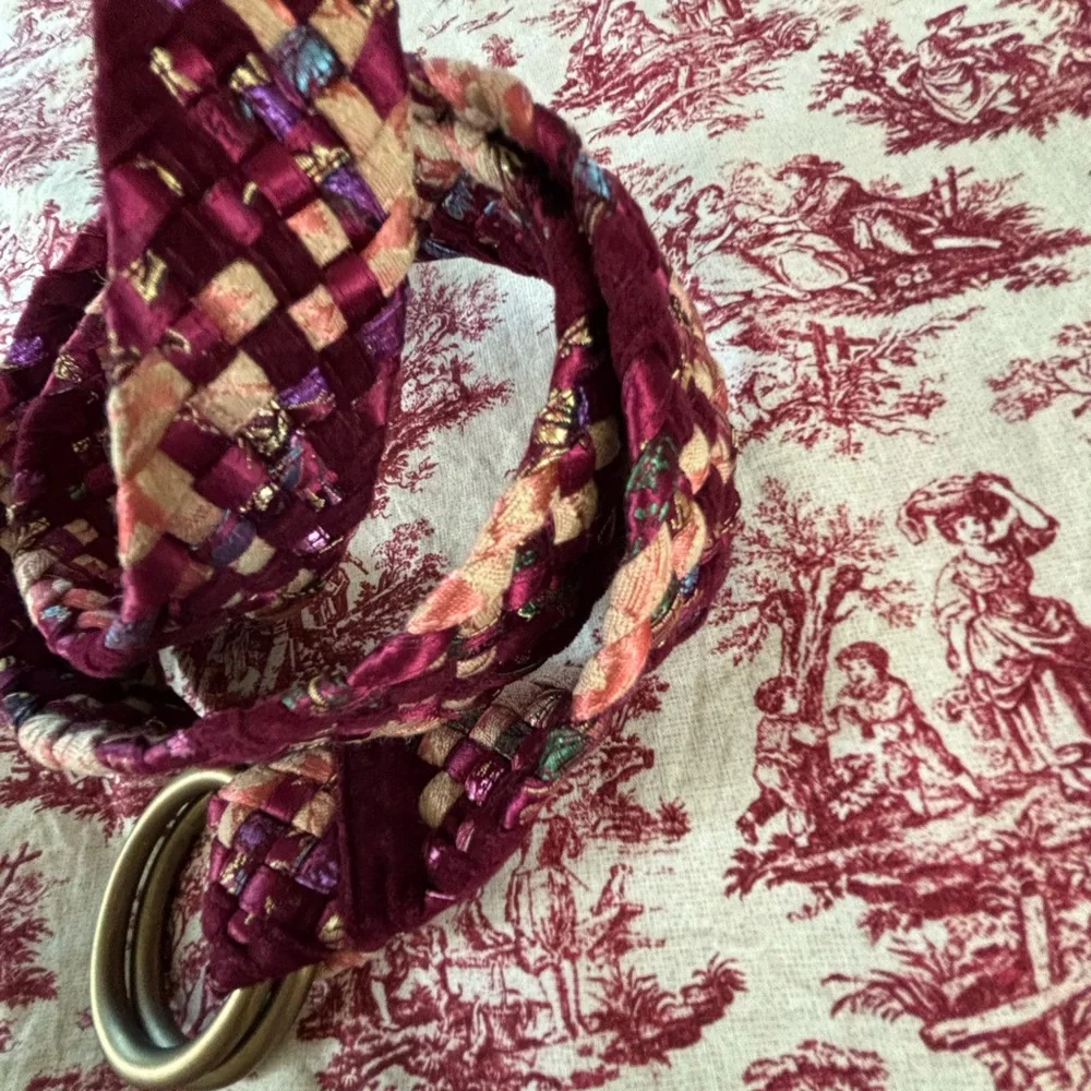 Large Upcycled Woven Boho Tapestry Textiles Belt, Dark Pinks, Double loop buckle